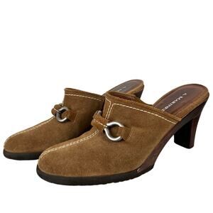 Vintage A. Marinelli Genuine Suede Silver Horsebit Wooden Heel Mules Clogs (7)